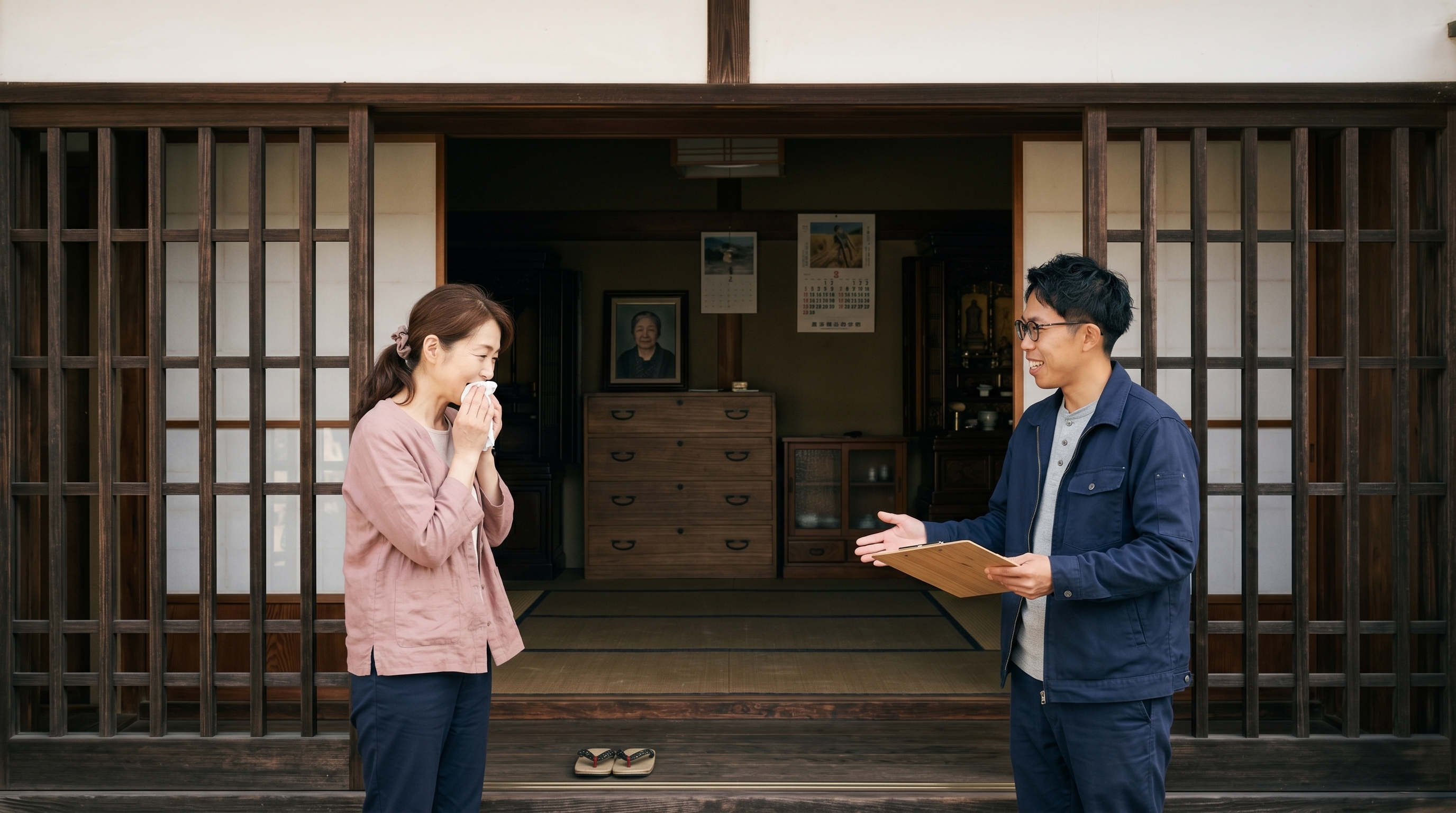 岡山県内の空き家を整理するスタッフと依頼者