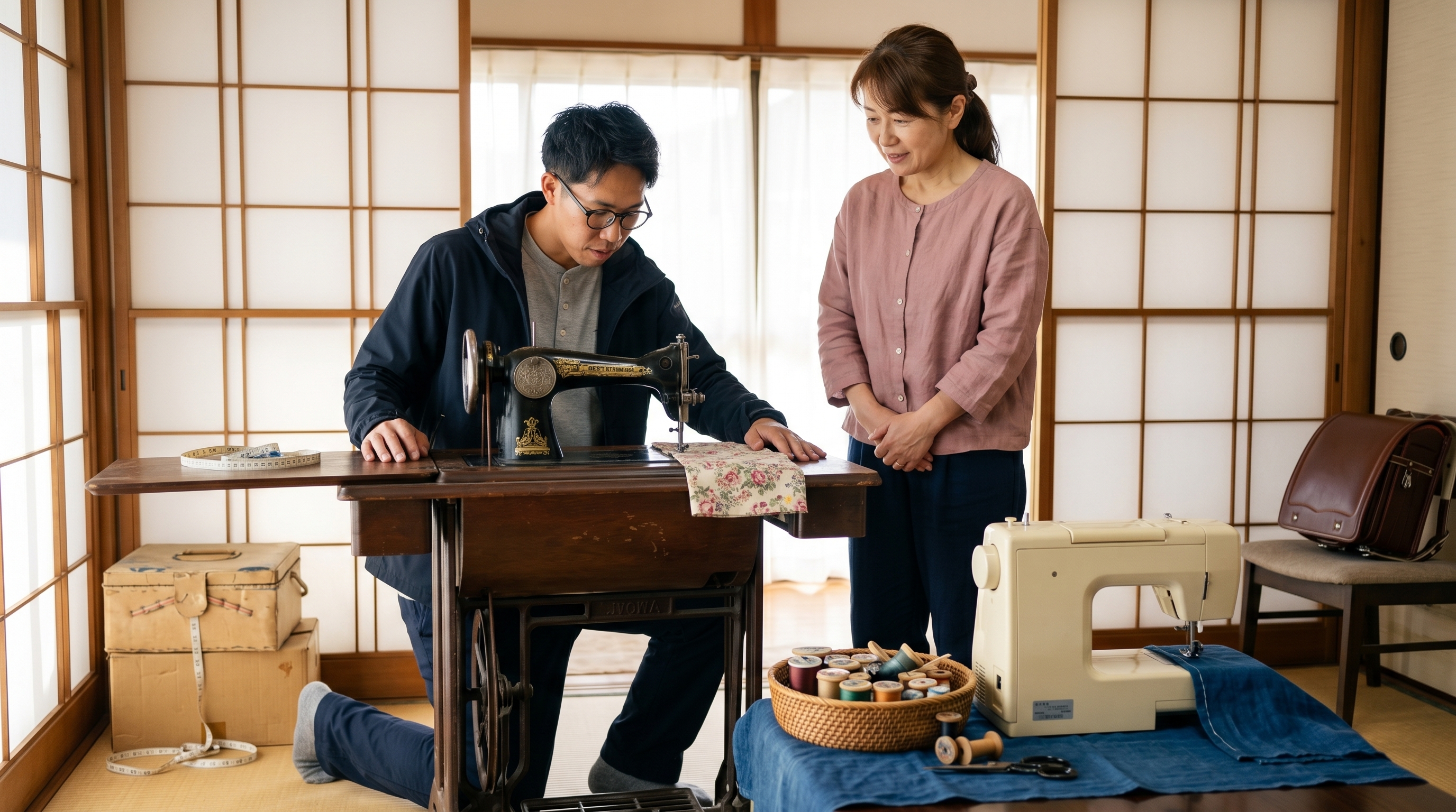 押入れから出てきた足踏みミシンを、丁寧に確認するスタッフ